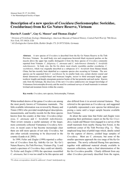 Description of a New Species of Crocidura (Soricomorpha: Soricidae, Crocidurinae) from Ke Go Nature Reserve, Vietnam