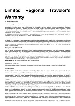 Limited Regional Traveler's Warranty