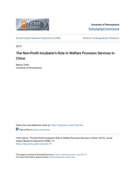 The Non-Profit Incubator's Role in Welfare Provision Services in China