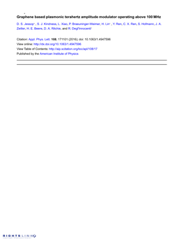 Graphene Based Plasmonic Terahertz Amplitude Modulator Operating Above 100 Mhz , , D