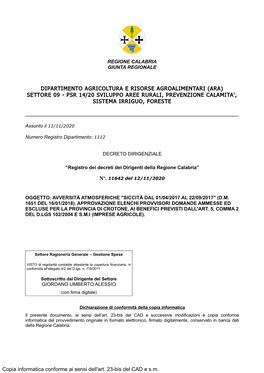 Dipartimento Agricoltura E Risorse Agroalimentari (Ara) Settore 09 - Psr 14/20 Sviluppo Aree Rurali, Prevenzione Calamita', Sistema Irriguo, Foreste