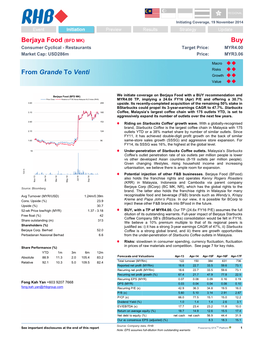 Berjaya Food (BFD MK) Buy Consumer Cyclical - Restaurants Target Price:MYR4.00 Market Cap: Usd286m Price:MYR3.06