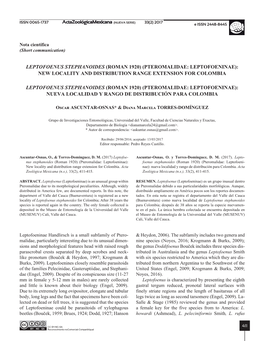 Pteromalidae: Leptofoeninae): New Locality and Distribution Range Extension for Colombia