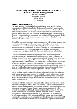 Case Study Report: 2009 Samoan Tsunami – Disaster Waste Management November 2010 Charlotte Brown Mark Milke Erica Seville