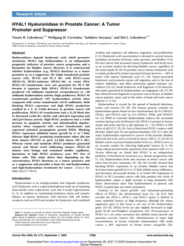 HYAL1 Hyaluronidase in Prostate Cancer: a Tumor Promoter and Suppressor