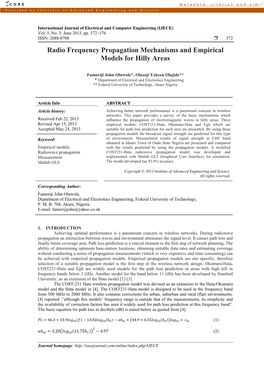 Radio Frequency Propagation Mechanisms and Empirical Models for Hilly Areas