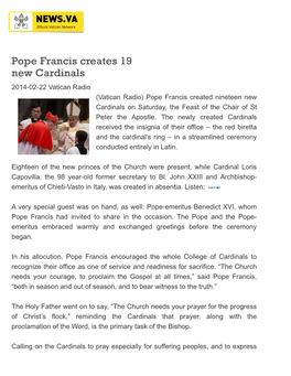 Pope Francis Creates 19 New Cardinals