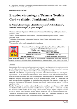 Eruption Chronology of Primary Teeth in Garhwa District, Jharkhand, India