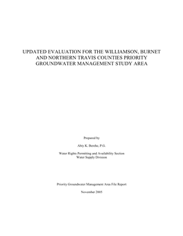 Updated Evaluation for the Williamson, Burnet and Northern Travis Counties Priority Groundwater Management Study Area