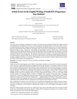 Article Errors in the English Writing of Saudi EFL Preparatory Year Students