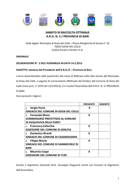 Municipio Di Gioia Del Colle – Piazza Margherita Di Savoia N° 10 70023 GIOIA DEL COLLE Codice Fiscale E Partita I.V.A