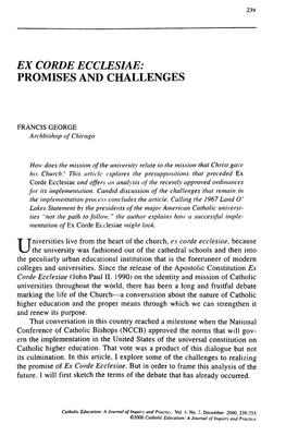 Ex Corde Ecclesiae: Promises and Challenges