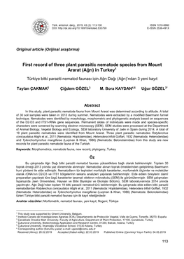 First Record of Three Plant Parasitic Nematode Species from Mount Ararat (Ağrı) in Turkey1