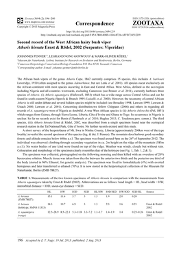 Second Record of the West African Hairy Bush Viper Atheris Hirsuta Ernst & Rödel, 2002 (Serpentes: Viperidae)