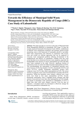 Towards the Efficiency of Municipal Solid Waste Management in the Democratic Republic of Congo (DRC): Case Study of Lubumbashi