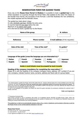 Reservation Form for Guided Tours