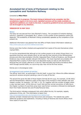 Annotated List of Acts of Parliament Relating to the Lancashire and Yorkshire Railway