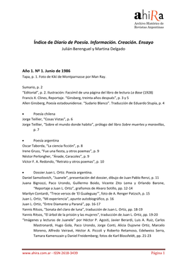 Índice De Diario De Poesía. Información. Creación. Ensayo Julián Berenguel Y Martina Delgado