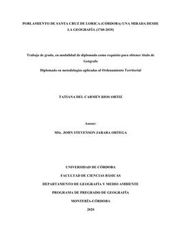 Poblamiento De Santa Cruz De Lorica (Córdoba) Una Mirada Desde La Geografía (1740-2019)
