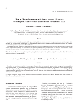 Liste Préliminaire Commentée Des Araignées (Araneae) De La Région Midi-Pyrénées Et Discussion Sur Certains Taxa