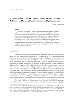 A RELIQUARY CROSS from NORTHWEST ANATOLIA: Reﬂections on Mortuary Practice, Literacy, and Spelling Variants