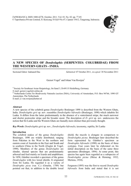 A NEW SPECIES of Dendrelaphis (SERPENTES: COLUBRIDAE) from the WESTERN GHATS - INDIA