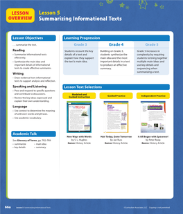 Lesson 5 OVERVIEW Summarizing Informational Texts