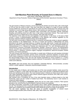 Salt Marshes Plant Diversity of Coastal Zone in Albania