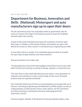 Department for Business, Innovation and Skills (National): Motorsport and Auto Manufacturers Sign up to Open Their Doors