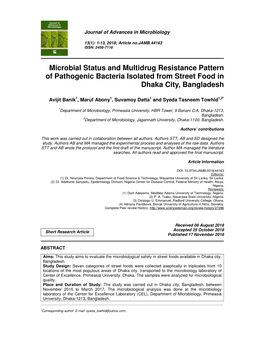 Microbial Status and Multidrug Resistance Pattern of Pathogenic Bacteria Isolated from Street Food in Dhaka City, Bangladesh