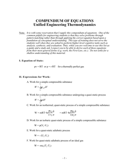 COMPENDIUM of EQUATIONS Unified Engineering Thermodynamics