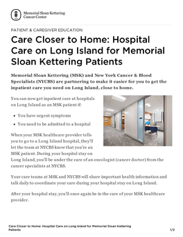 Hospital Care on Long Island for Memorial Sloan Kettering Patients