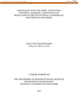 Institution Building, Charisma, and Politics of Regulation in the Pentecostal-Charismatic Movement in Singapore