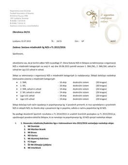 Okrožnica 24/15 Zadeva: Sestava Mladinskih Lig NZS V TL 2015/2016