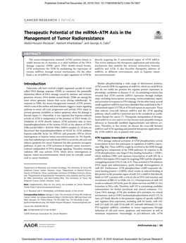 Therapeutic Potential of the Mirna–ATM Axis in the Management of Tumor Radioresistance Abdol-Hossein Rezaeian1, Hashem Khanbabaei2, and George A