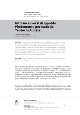 Intorno Ai Versi Di Ippolito Pindemonte Per Isabella Teotochi Albrizzi Gilberto Pizzamiglio Università Ca’ Foscari Venezia, Italia