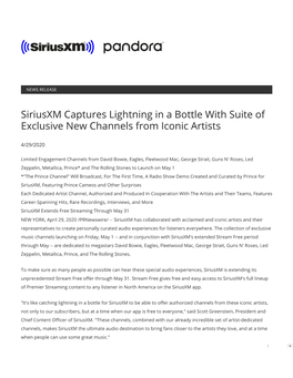 Siriusxm Captures Lightning in a Bottle with Suite of Exclusive New Channels from Iconic Artists