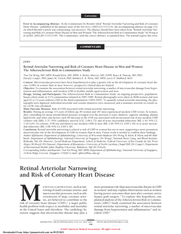 Retinal Arteriolar Narrowing and Risk of Coronary Heart Disease Correction