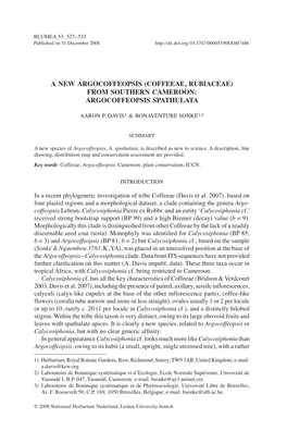 A NEW ARGOCOFFEOPSIS (COFFEEAE, RUBIACEAE) from SOUTHERN CAMEROON: Argocoffeopsis SPATHULATA