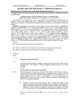 SECRETARIA DE HACIENDA Y CREDITO PUBLICO PRIMERA Resolución De Modificaciones a La Resolución Miscelánea Fiscal Para 2011