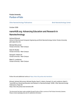 Nanohub.Org: Advancing Education and Research in Nanotechnology