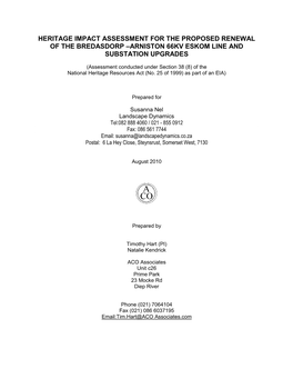 Heritage Impact Assessment for the Proposed Renewal of the Bredasdorp –Arniston 66Kv Eskom Line and Substation Upgrades