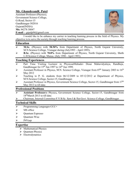Mr. Ghanshyamr. Patel Education Teaching Experiences Professional