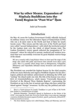 War by Other Means. Expansion of Siṃhala Buddhism Into the Tamil Region in “Post-War” Īlam