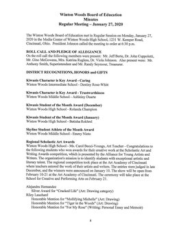 Winton Woods Board of Education Minutes Regular Meeting-January 27, 2020