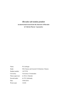 Herculeo Sub Nomine Pendent an Intertextual Research Into the Character of Hercules in Valerius Flaccus’ Argonautica