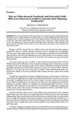 Why Are White-Throated Needletails and Fork-Tailed Swifts Often Last Observed in Southern Australia When Migrating Northwards?