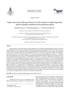 Improvement of Eri Silkworm (Samia Ricini D.) Tolerance to High Temperature and Low Humidity Conditions by Discontinuous Regime