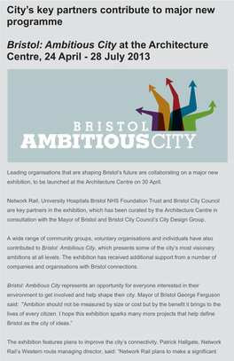 City's Key Partners Contribute to Major New Programme Bristol: Ambitious