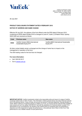 PDS Dated 9 February 2018 Containing an SPDS Dated 28 May 2018 Is Changed to Level 47, Suite 2, 25 Martin Place, Sydney NSW 2000 and Renamed As Follows